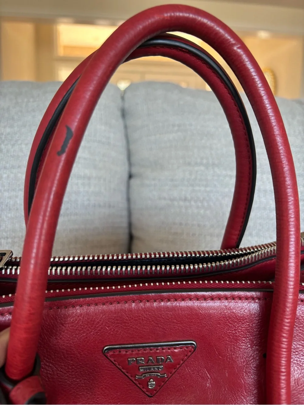 Prada Red Leather Structured Satchel with Double Handles